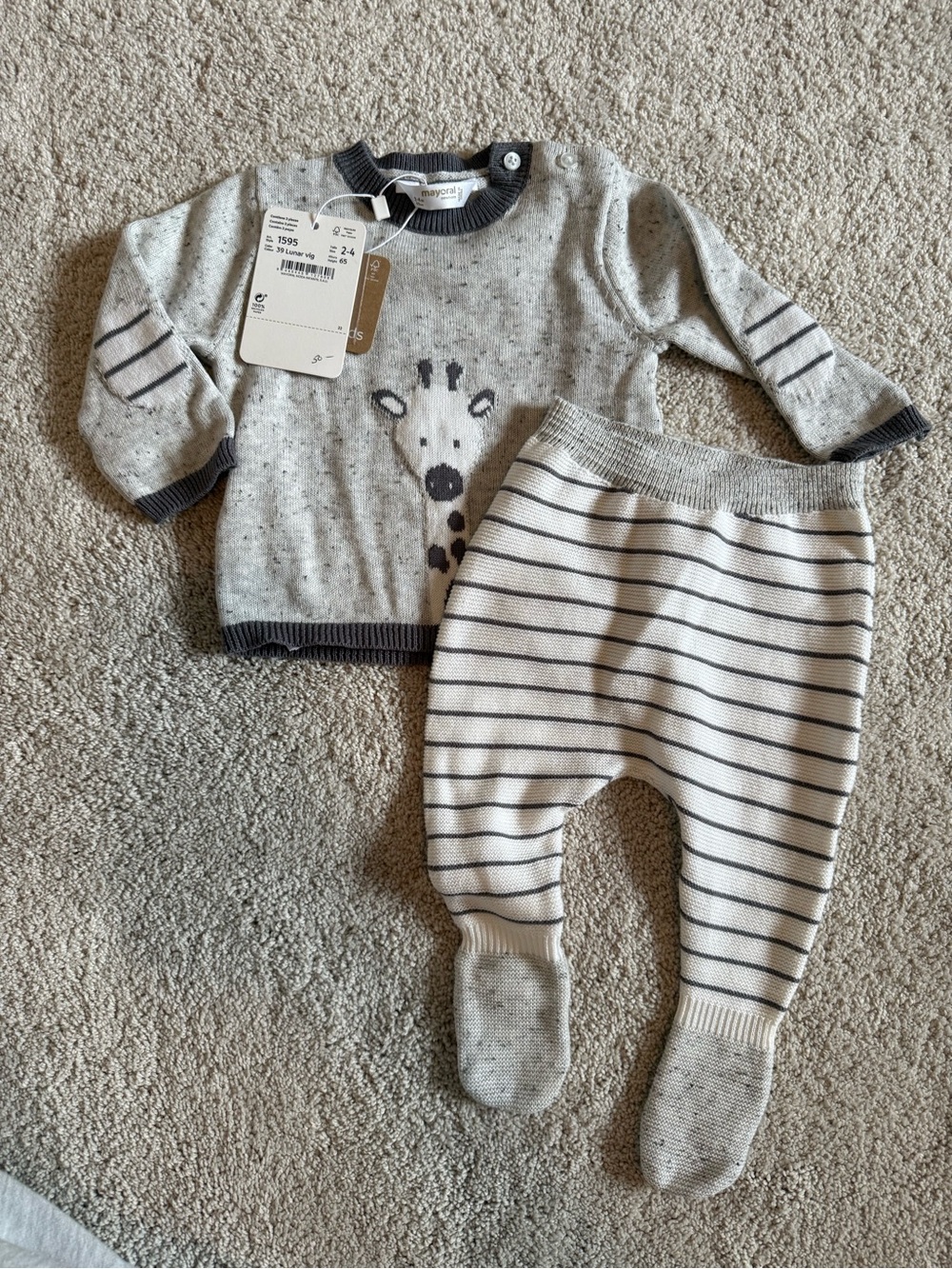 NWT Mayoral Gray Baby Sweater & Striped Footed Pants Set - Zebra Motif